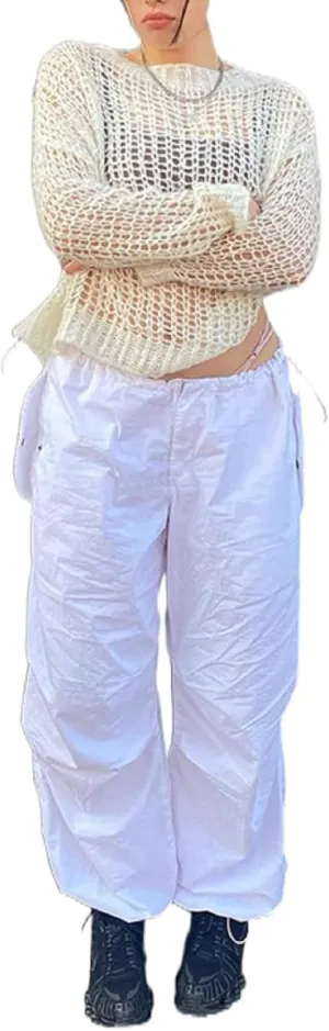 Women Oversized Cargo Pants Drawstrings Baggy Low Waist Loose Sweatpants Cinch Bottom Joggers Hippie Trousers Vintage