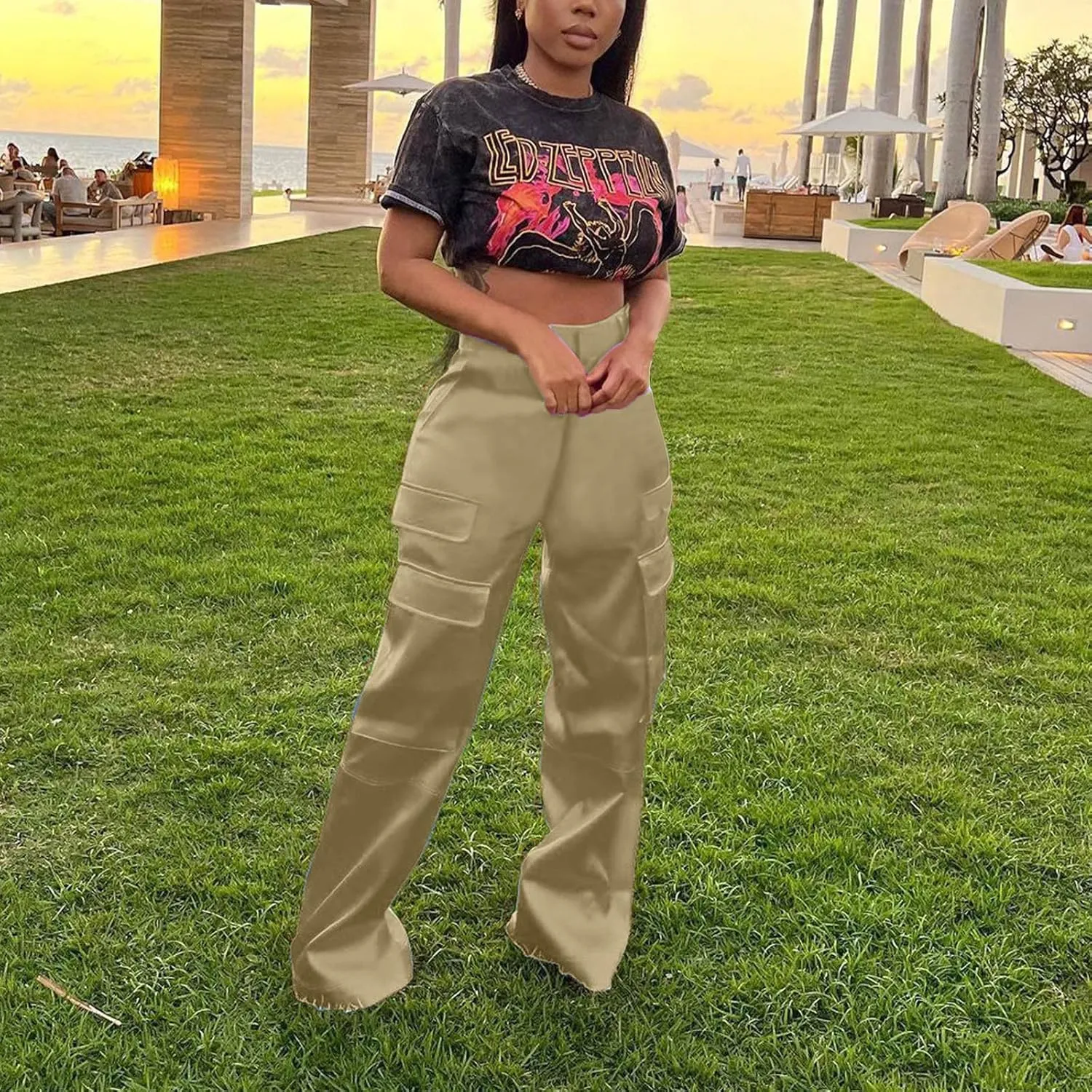 Women Satin Cargo Pants High Waisted Dressy Wide Leg Trousers Fall Casual Loose Fit Straight Long Pant Multi Pockets