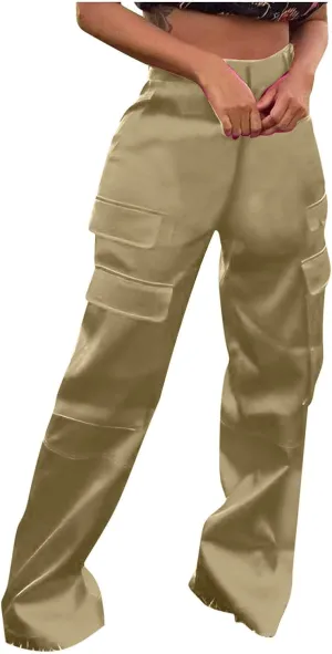Women Satin Cargo Pants High Waisted Dressy Wide Leg Trousers Fall Casual Loose Fit Straight Long Pant Multi Pockets