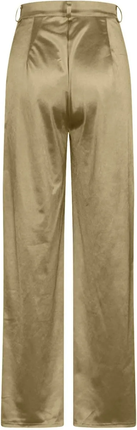 Women Satin Cargo Pants High Waisted Dressy Wide Leg Trousers Fall Casual Loose Fit Straight Long Pant Multi Pockets