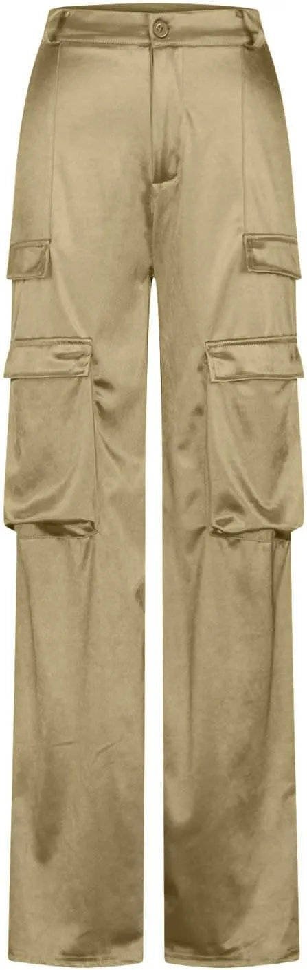 Women Satin Cargo Pants High Waisted Dressy Wide Leg Trousers Fall Casual Loose Fit Straight Long Pant Multi Pockets