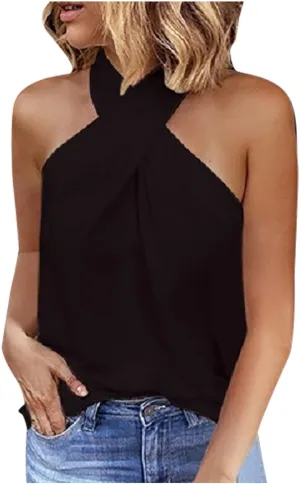 Women Sexy Crisscross Halter Top Summer Sleeveless Tee Shirt Back Zip Casual Cami Tank Top for Party Club