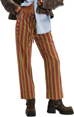 Women Striped Drawstring Pants Straight Wide Leg Jeans Low Elastic Waist Trousers with Pockets