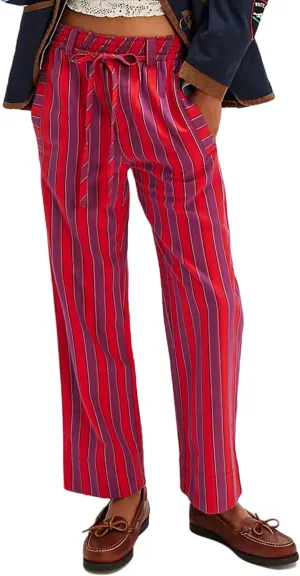 Women Striped Drawstring Pants Straight Wide Leg Jeans Low Elastic Waist Trousers with Pockets