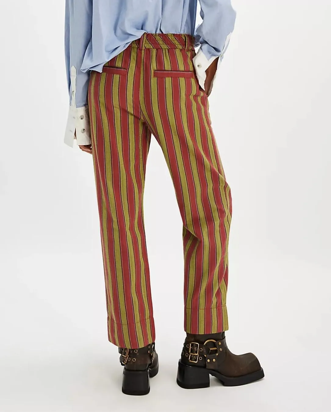 Women Striped Drawstring Pants Straight Wide Leg Jeans Low Elastic Waist Trousers with Pockets