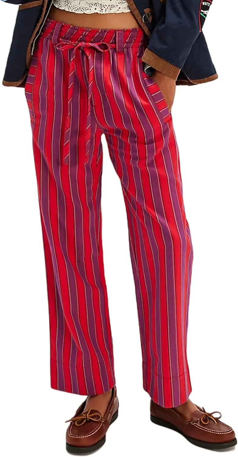 Women Striped Drawstring Pants Straight Wide Leg Jeans Low Elastic Waist Trousers with Pockets