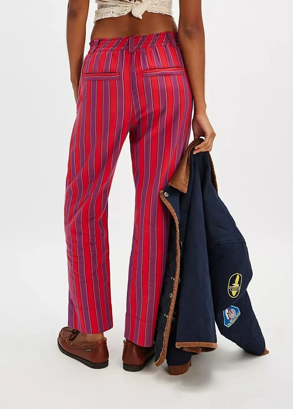 Women Striped Drawstring Pants Straight Wide Leg Jeans Low Elastic Waist Trousers with Pockets