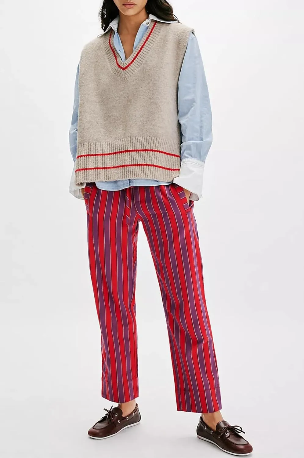 Women Striped Drawstring Pants Straight Wide Leg Jeans Low Elastic Waist Trousers with Pockets