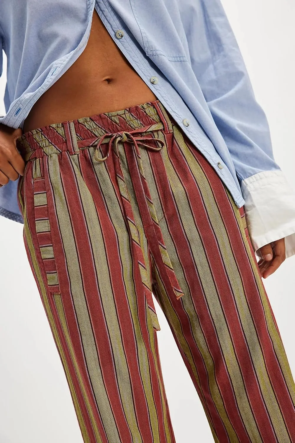 Women Striped Drawstring Pants Straight Wide Leg Jeans Low Elastic Waist Trousers with Pockets