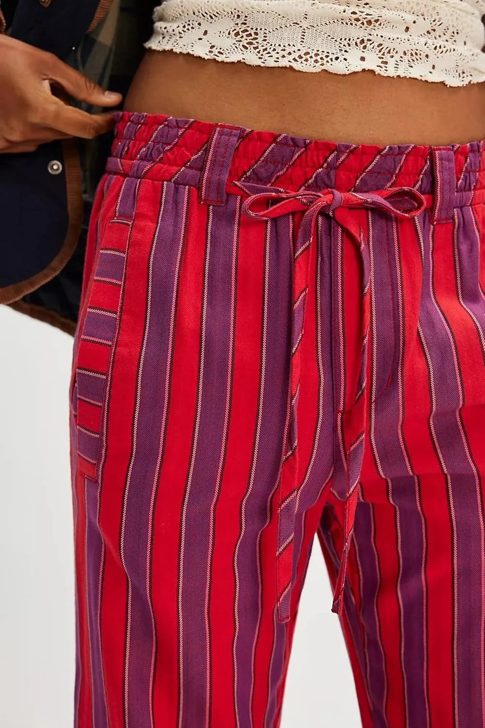 Women Striped Drawstring Pants Straight Wide Leg Jeans Low Elastic Waist Trousers with Pockets