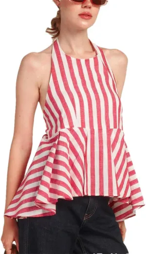 Women Striped Tie Back Peplum Tank Top Open Back Ruffle Cami Tops Sexy Going Out Camisoles