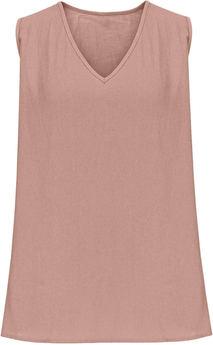 Women Summer Linen Tops Sexy Deep V Neck Tank Top Loose Fit Flowy Sleeveless Shirt Fashion Solid Beach Outfits