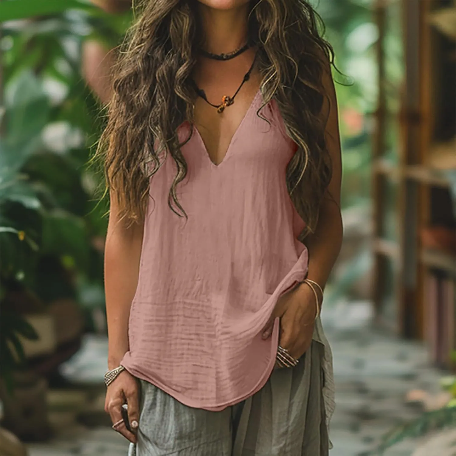 Women Summer Linen Tops Sexy Deep V Neck Tank Top Loose Fit Flowy Sleeveless Shirt Fashion Solid Beach Outfits