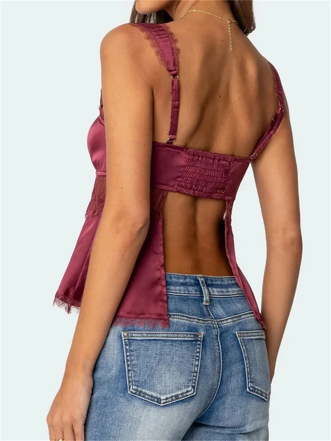 Women Summer Sexy Tank Tops Slim Lace Trim Square Neck Sleeveless Strap Backless Crop Camisoles Vest