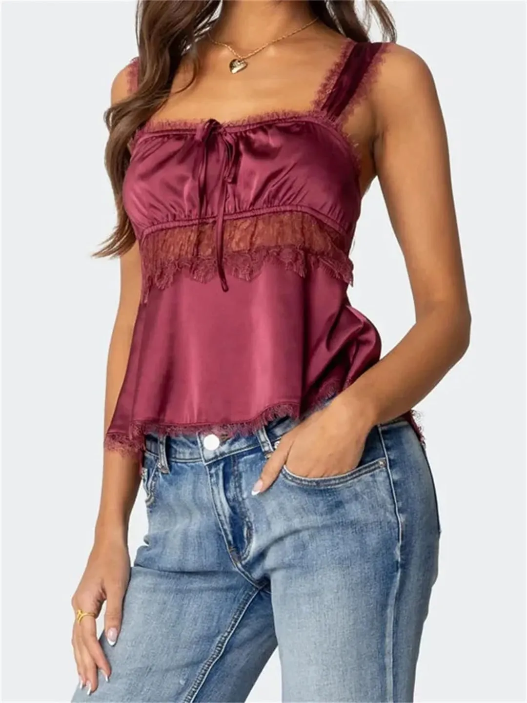 Women Summer Sexy Tank Tops Slim Lace Trim Square Neck Sleeveless Strap Backless Crop Camisoles Vest