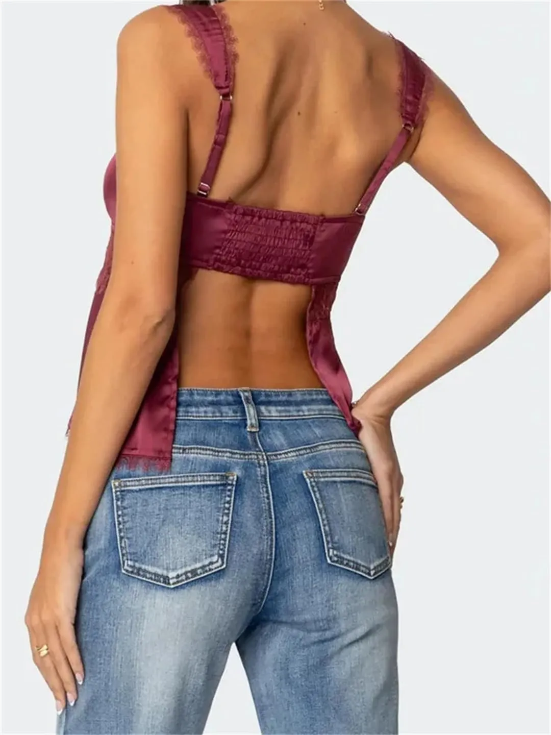 Women Summer Sexy Tank Tops Slim Lace Trim Square Neck Sleeveless Strap Backless Crop Camisoles Vest