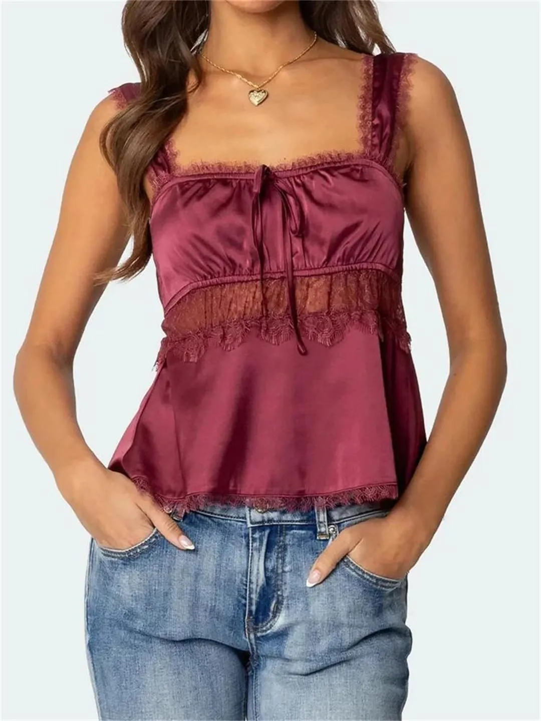 Women Summer Sexy Tank Tops Slim Lace Trim Square Neck Sleeveless Strap Backless Crop Camisoles Vest