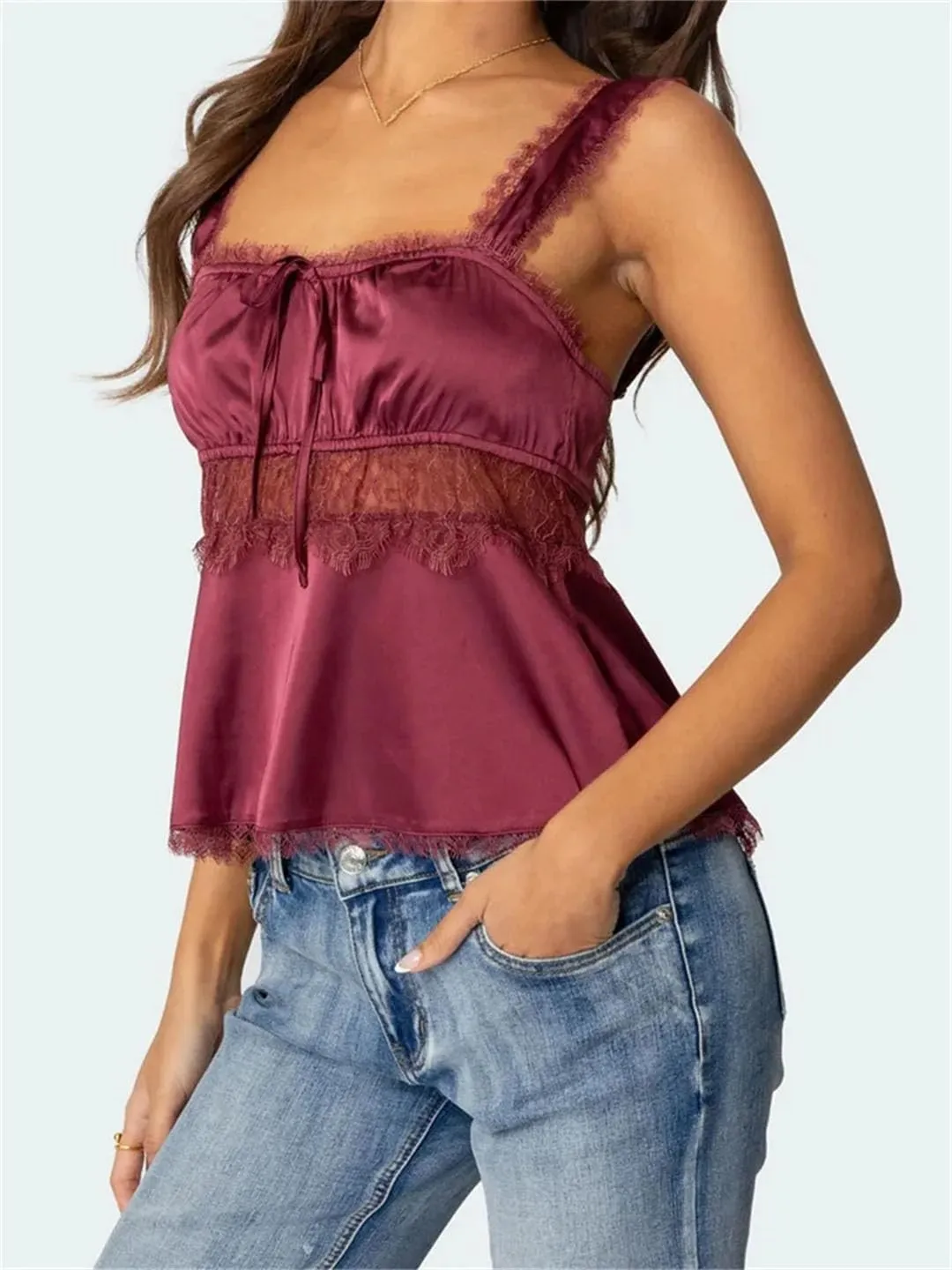 Women Summer Sexy Tank Tops Slim Lace Trim Square Neck Sleeveless Strap Backless Crop Camisoles Vest
