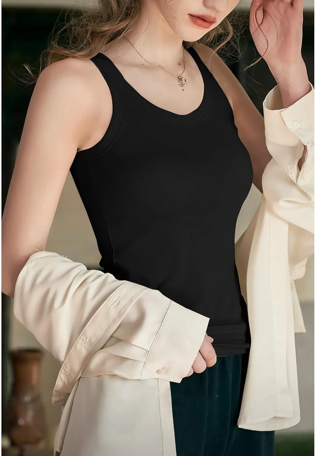 Women Tank Tops Shelf Bra Summer Round Neck Padded Rib Camisoles for Casual Yoga Workout Outfits Undershirts Cami