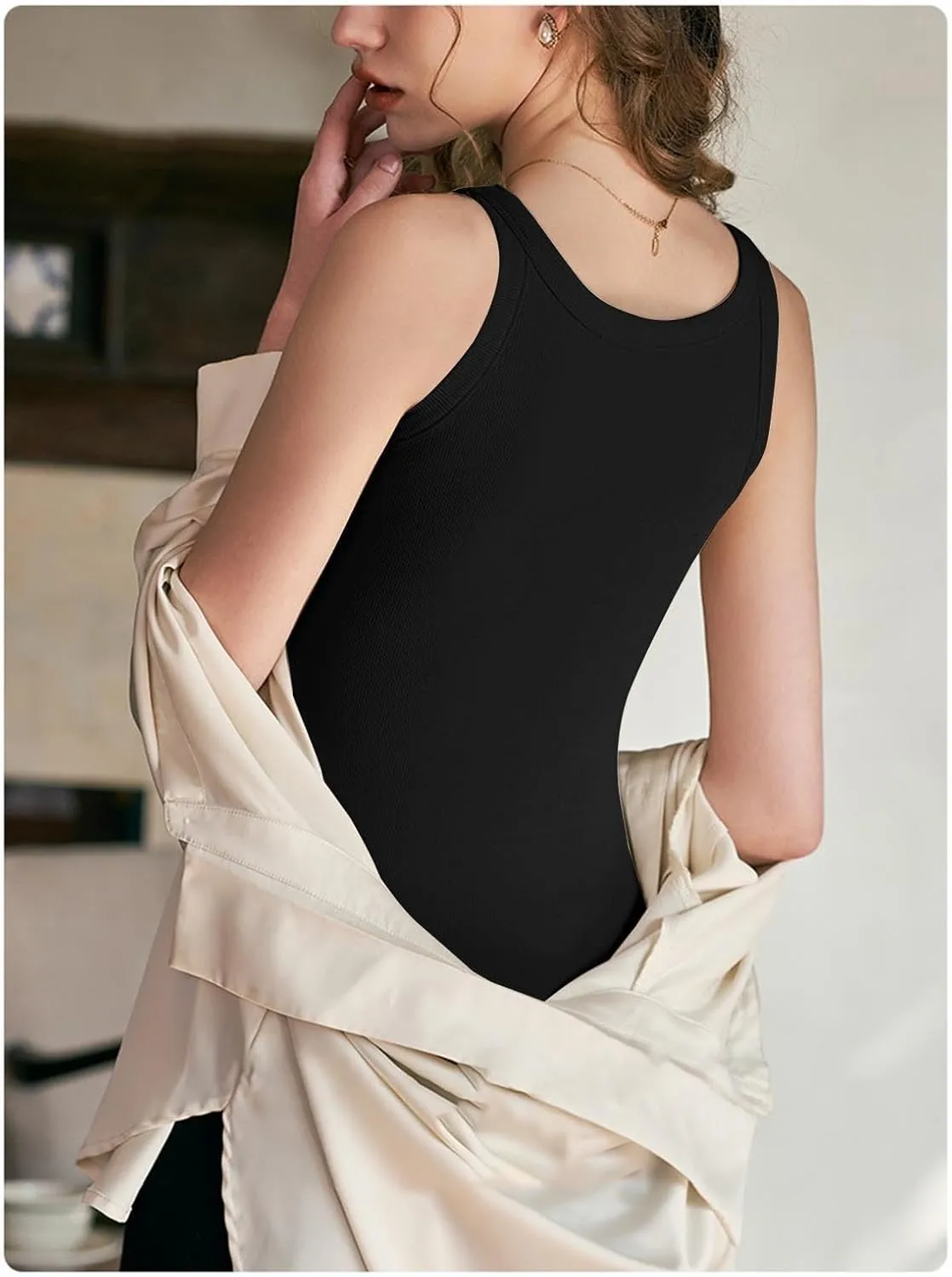 Women Tank Tops Shelf Bra Summer Round Neck Padded Rib Camisoles for Casual Yoga Workout Outfits Undershirts Cami