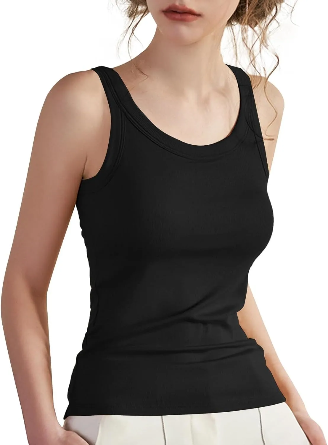 Women Tank Tops Shelf Bra Summer Round Neck Padded Rib Camisoles for Casual Yoga Workout Outfits Undershirts Cami