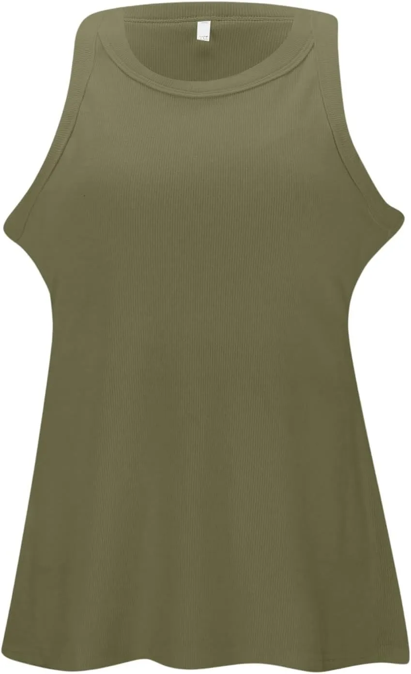 Women Tank Tops Shelf Bra Summer Round Neck Padded Rib Camisoles for Casual Yoga Workout Outfits Undershirts Cami