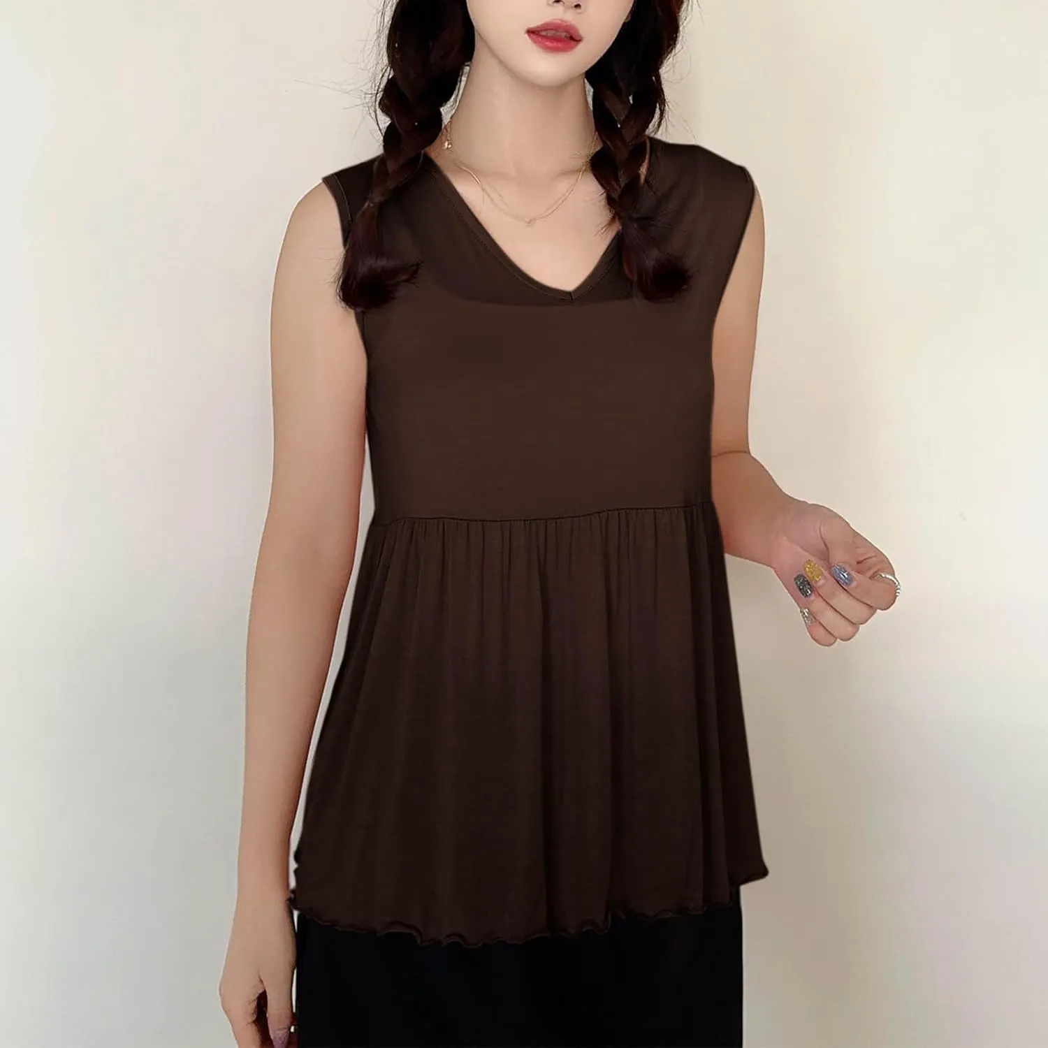 Women V Neck Ruffle Hem Sleeveless Babydoll Tank Top Soft Comfortable Pajama Tops Casual Loose Fit Flowy Shirt
