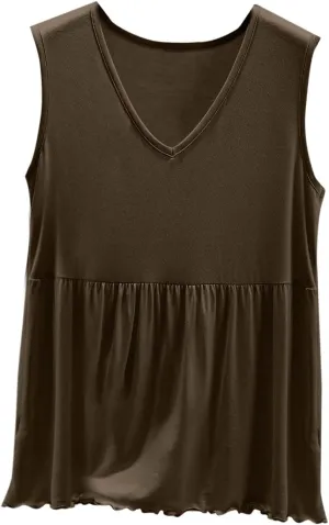Women V Neck Ruffle Hem Sleeveless Babydoll Tank Top Soft Comfortable Pajama Tops Casual Loose Fit Flowy Shirt