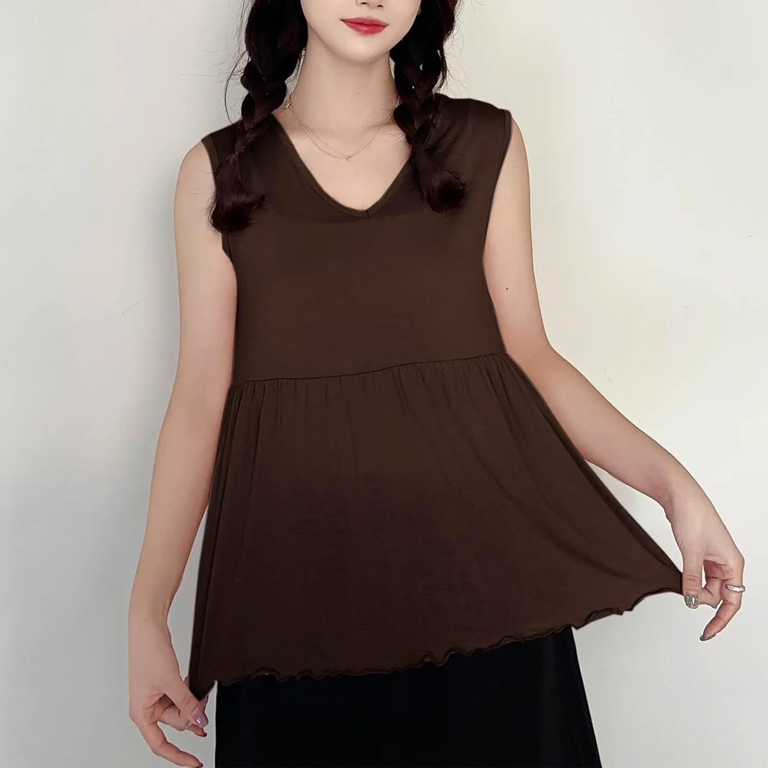 Women V Neck Ruffle Hem Sleeveless Babydoll Tank Top Soft Comfortable Pajama Tops Casual Loose Fit Flowy Shirt