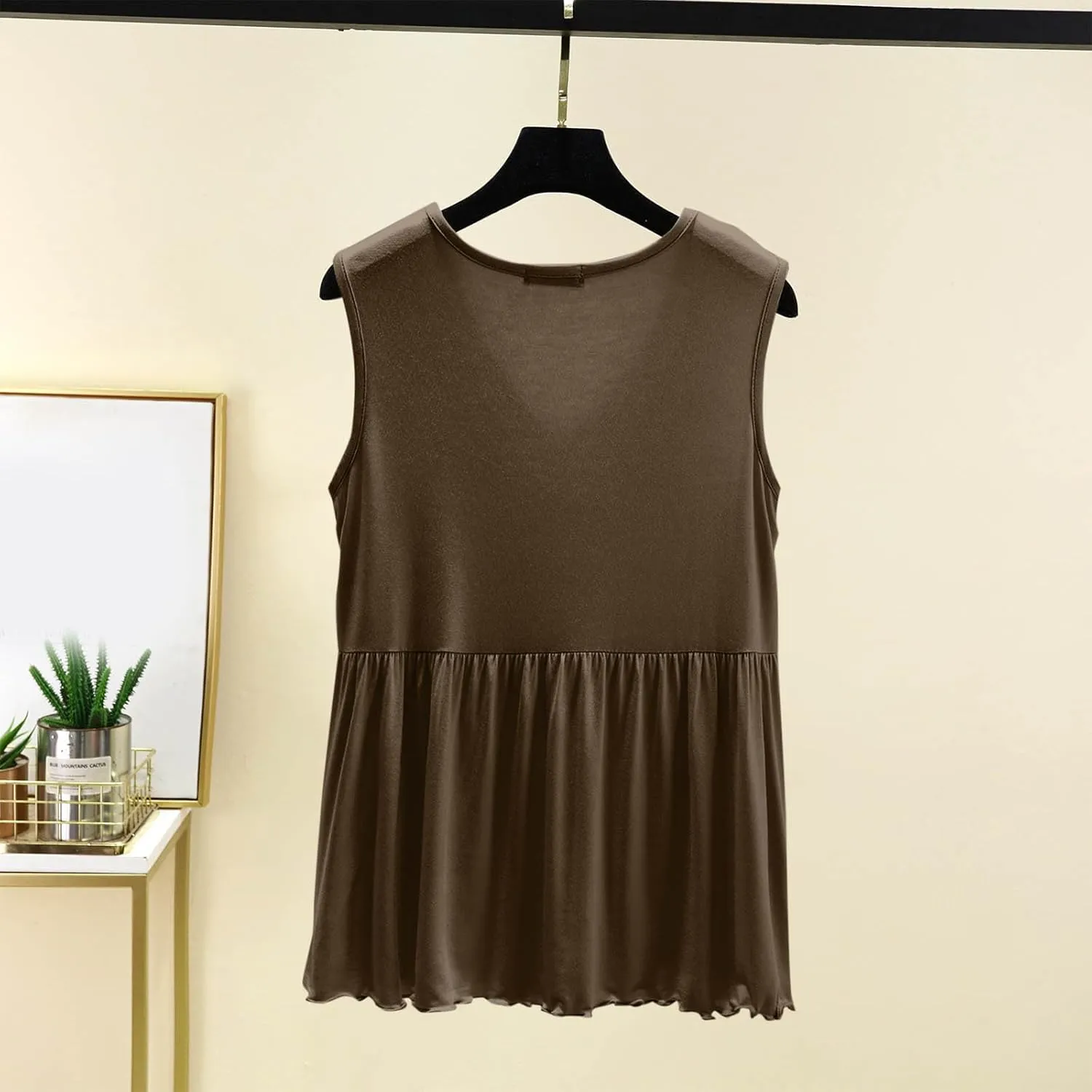 Women V Neck Ruffle Hem Sleeveless Babydoll Tank Top Soft Comfortable Pajama Tops Casual Loose Fit Flowy Shirt
