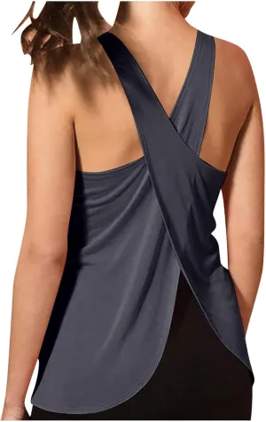Women Workout Tank Top Criss Cross Open Back Athletic Yoga Shirt Exercise Fitness Sleeveless Tunics Loose Activewear
