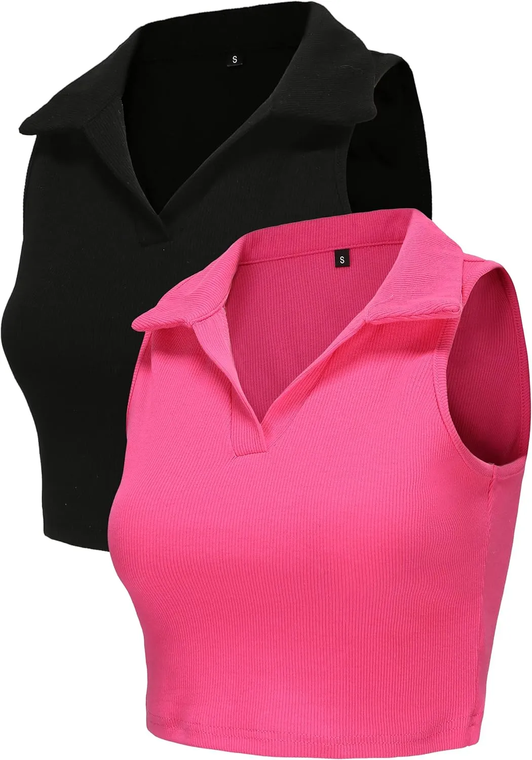 Womens 2 Pack Workout Crop Tops Collared Sleeveless Ribbed Tank Top Athletic Golf Polo Shirts Exercise Gym Yoga Tops
