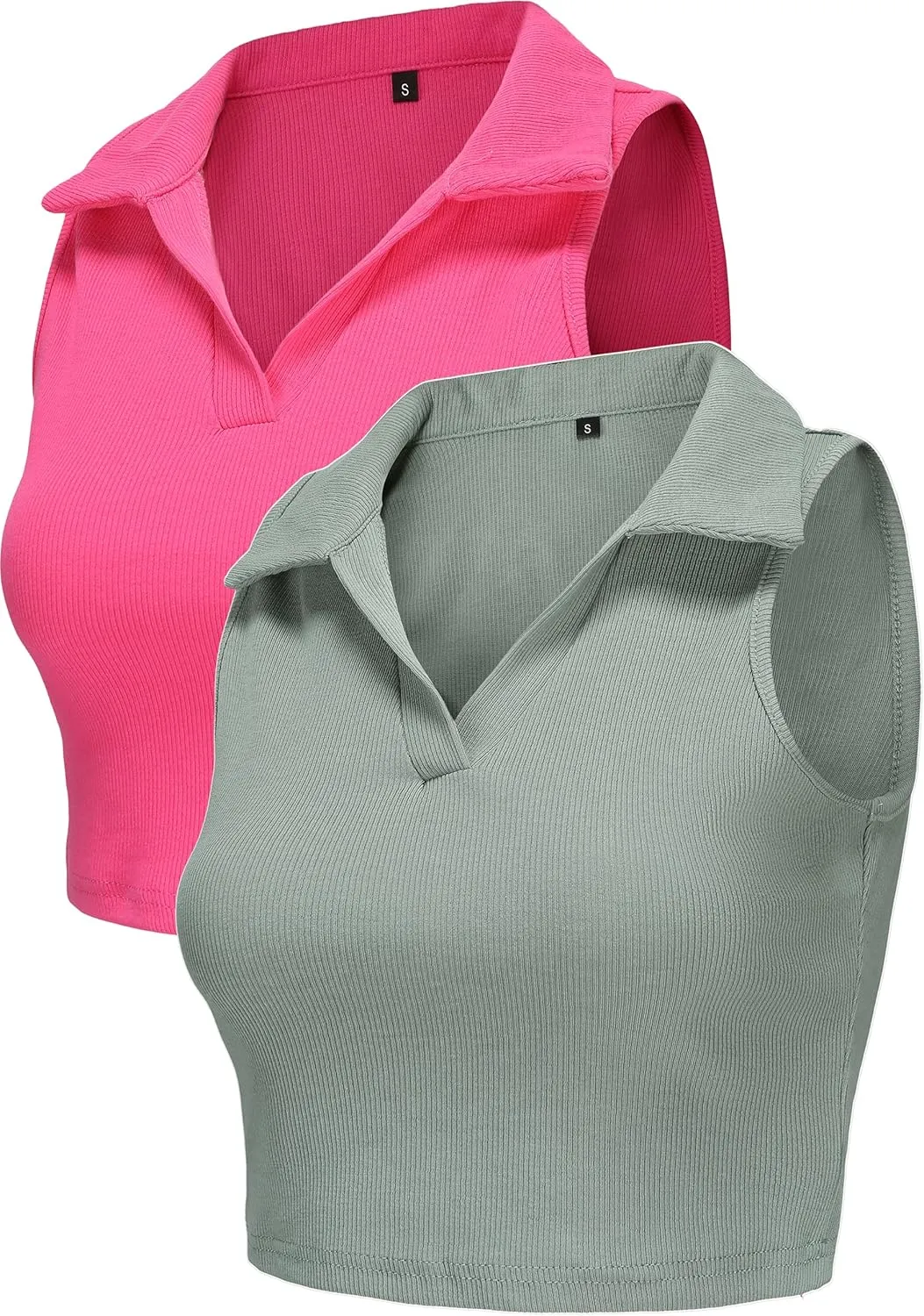 Womens 2 Pack Workout Crop Tops Collared Sleeveless Ribbed Tank Top Athletic Golf Polo Shirts Exercise Gym Yoga Tops
