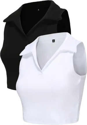 Womens 2 Pack Workout Crop Tops Collared Sleeveless Ribbed Tank Top Athletic Golf Polo Shirts Exercise Gym Yoga Tops