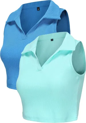 Womens 2 Pack Workout Crop Tops Collared Sleeveless Ribbed Tank Top Athletic Golf Polo Shirts Exercise Gym Yoga Tops