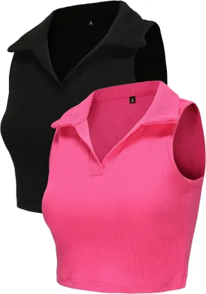 Womens 2 Pack Workout Crop Tops Collared Sleeveless Ribbed Tank Top Athletic Golf Polo Shirts Exercise Gym Yoga Tops