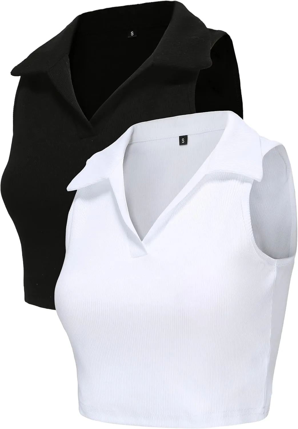 Womens 2 Pack Workout Crop Tops Collared Sleeveless Ribbed Tank Top Athletic Golf Polo Shirts Exercise Gym Yoga Tops