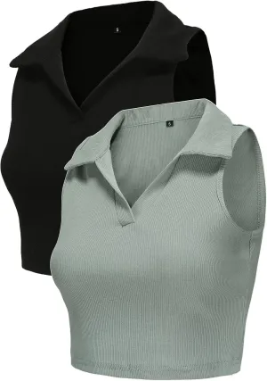 Womens 2 Pack Workout Crop Tops Collared Sleeveless Ribbed Tank Top Athletic Golf Polo Shirts Exercise Gym Yoga Tops