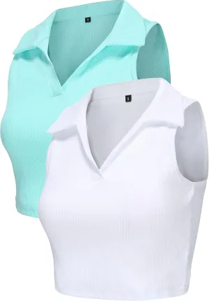 Womens 2 Pack Workout Crop Tops Collared Sleeveless Ribbed Tank Top Athletic Golf Polo Shirts Exercise Gym Yoga Tops