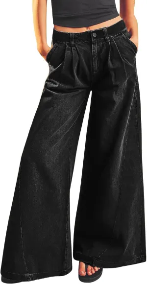 Women's Barrel Jeans Casual High Waisted Stretchy Wide Leg Pants Baggy Denim Pants