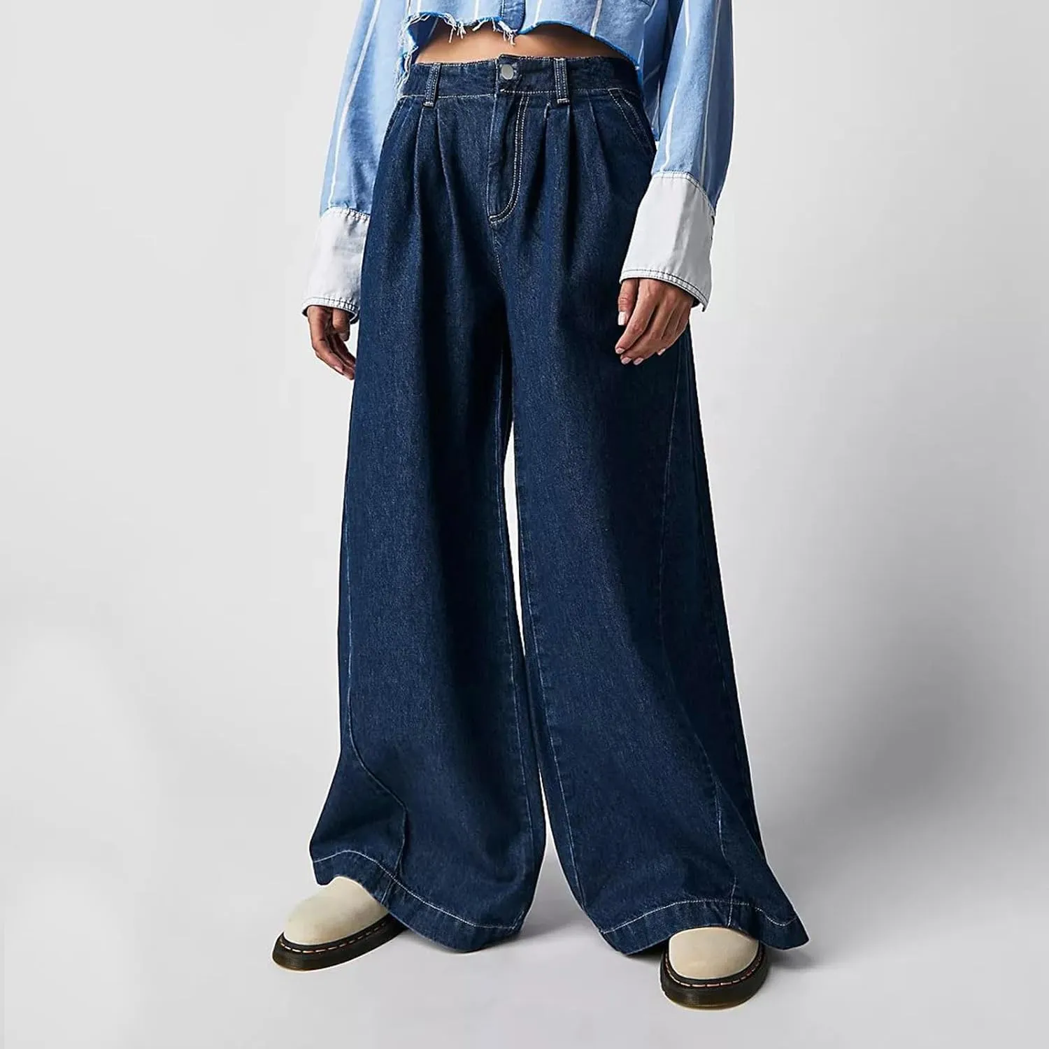 Women's Barrel Jeans Casual High Waisted Stretchy Wide Leg Pants Baggy Denim Pants