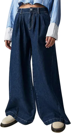 Women's Barrel Jeans Casual High Waisted Stretchy Wide Leg Pants Baggy Denim Pants