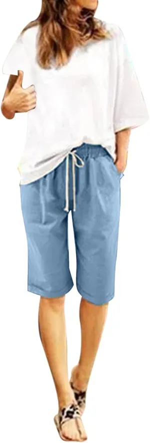 Women's Bermuda Shorts Jersey Shorts Workout Yoga Athletic Long Shorts for Women Comfy Summer Drawstring Shorts