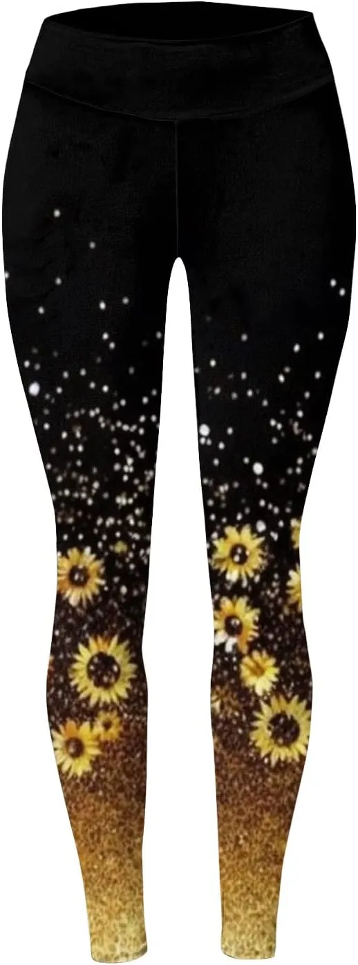 Womens Booty Lifting Skimpy Gym Tights Sunflower Slimming Soft Leggings Casual High Waist Tummy Control Yoga Pants