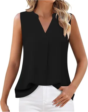 Women's Business Casual Sleeveless Shirts Summer Dressy Tank Tops Notch V Neck Work Blouse Loose Tunic Top