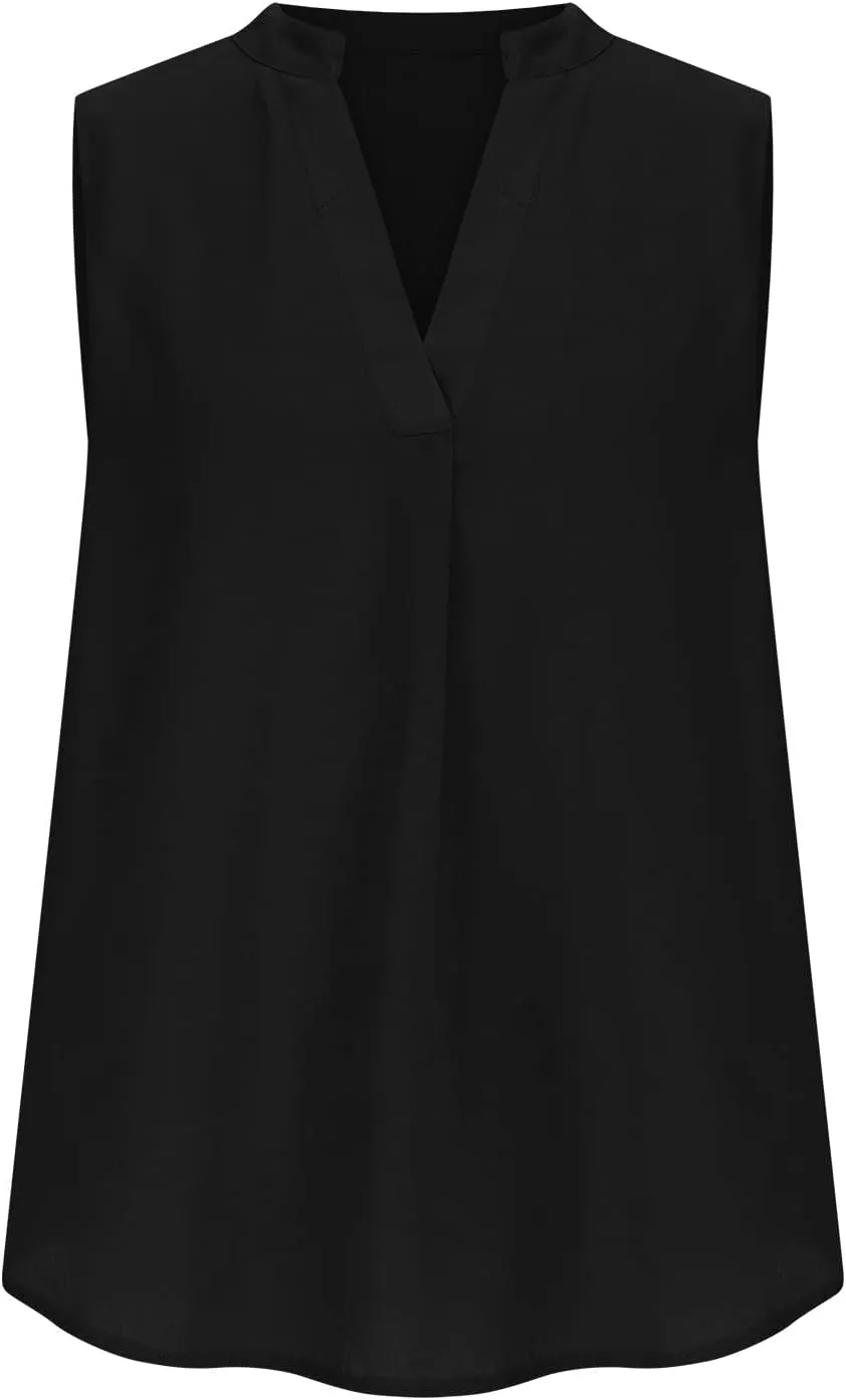 Women's Business Casual Sleeveless Shirts Summer Dressy Tank Tops Notch V Neck Work Blouse Loose Tunic Top