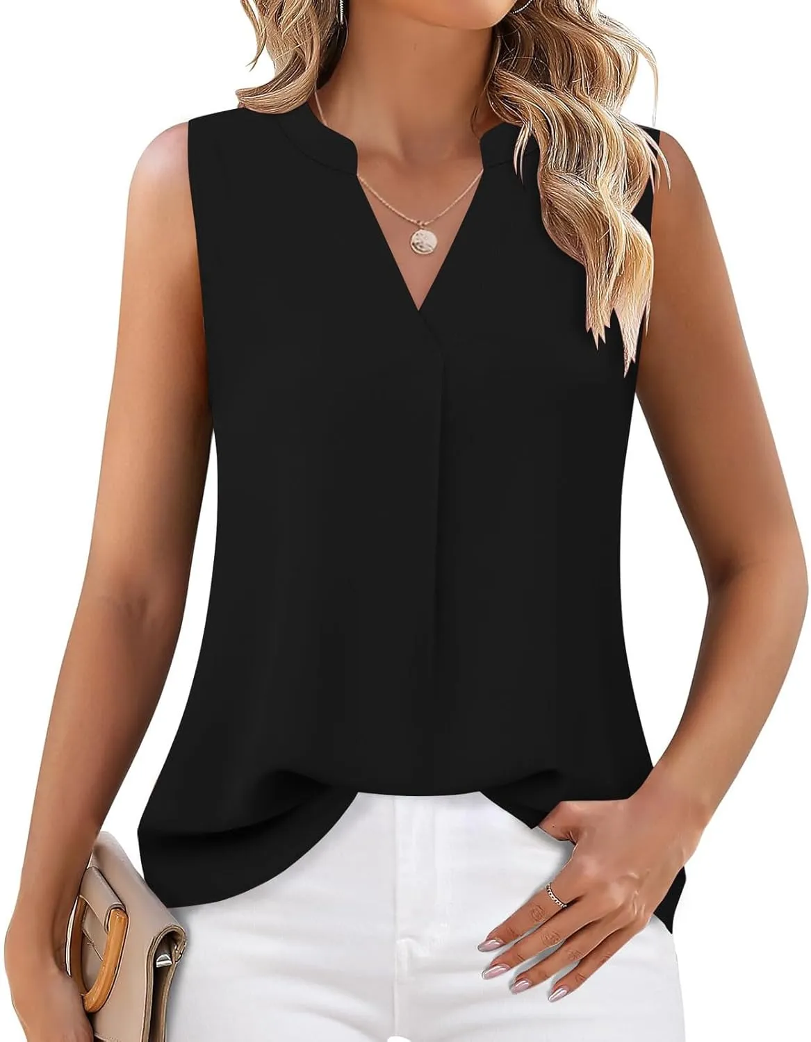 Women's Business Casual Sleeveless Shirts Summer Dressy Tank Tops Notch V Neck Work Blouse Loose Tunic Top