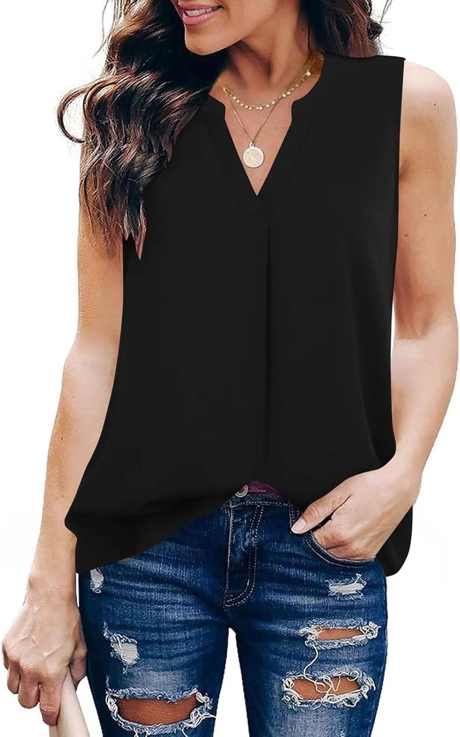 Women's Business Casual Sleeveless Shirts Summer Dressy Tank Tops Notch V Neck Work Blouse Loose Tunic Top