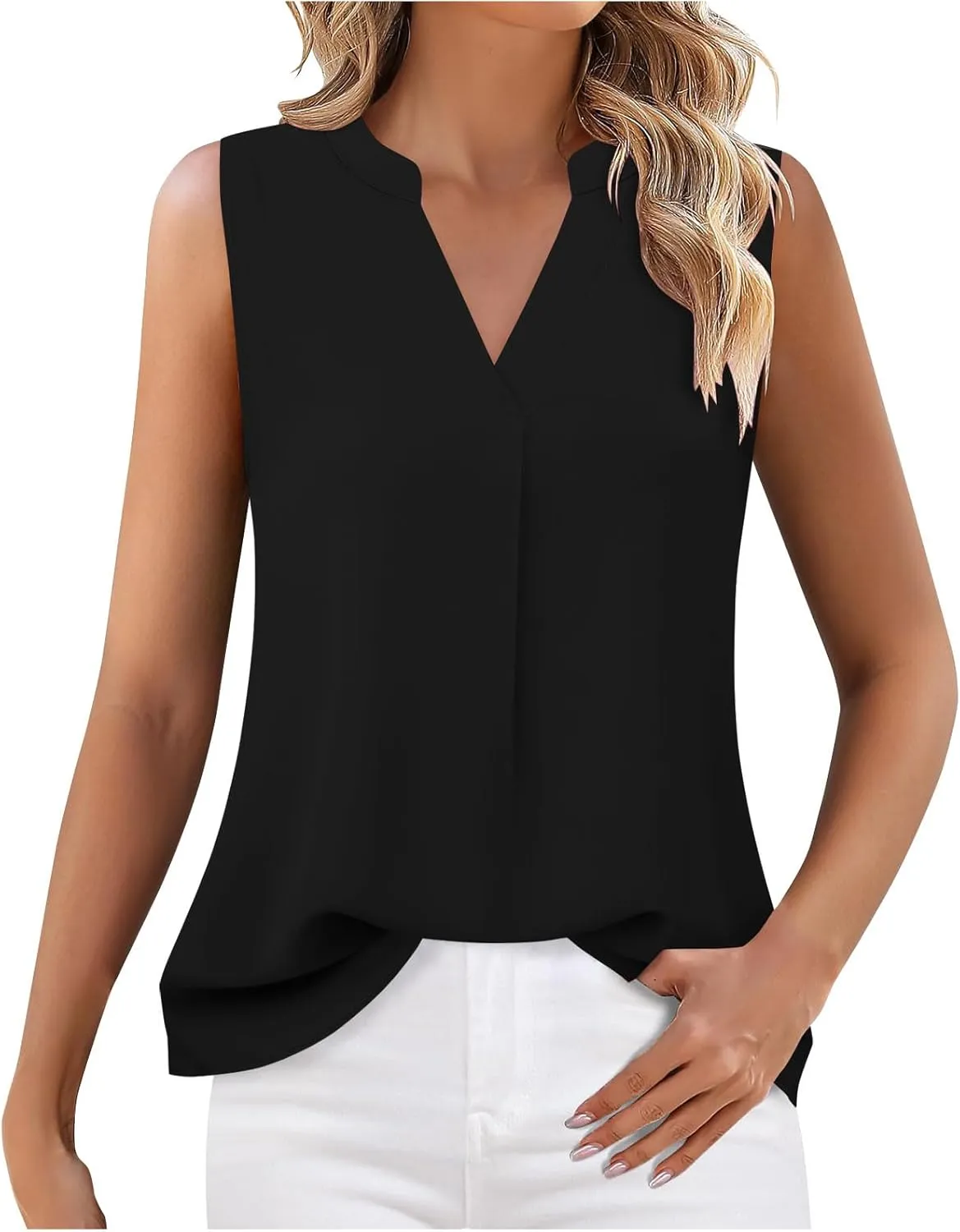 Women's Business Casual Sleeveless Shirts Summer Dressy Tank Tops Notch V Neck Work Blouse Loose Tunic Top