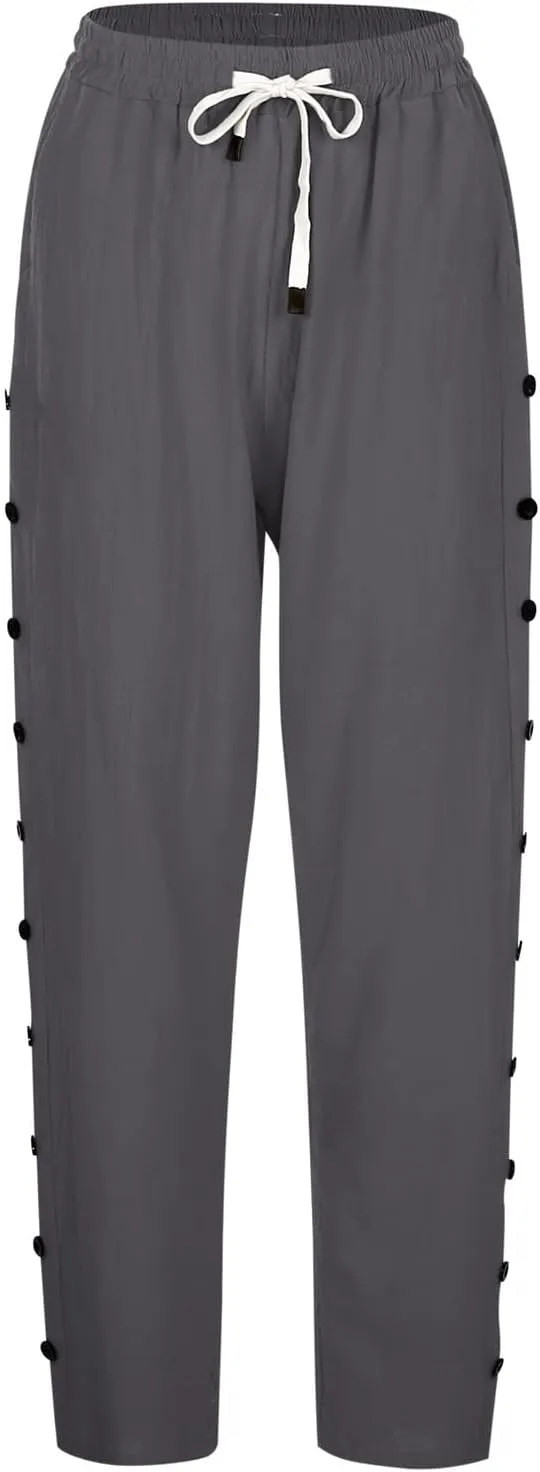 Women's Casual Lantern Harem Loose Elastic Waist Capris Pants Summer Buttons Stripe Print Slacks Trousers with Pocket